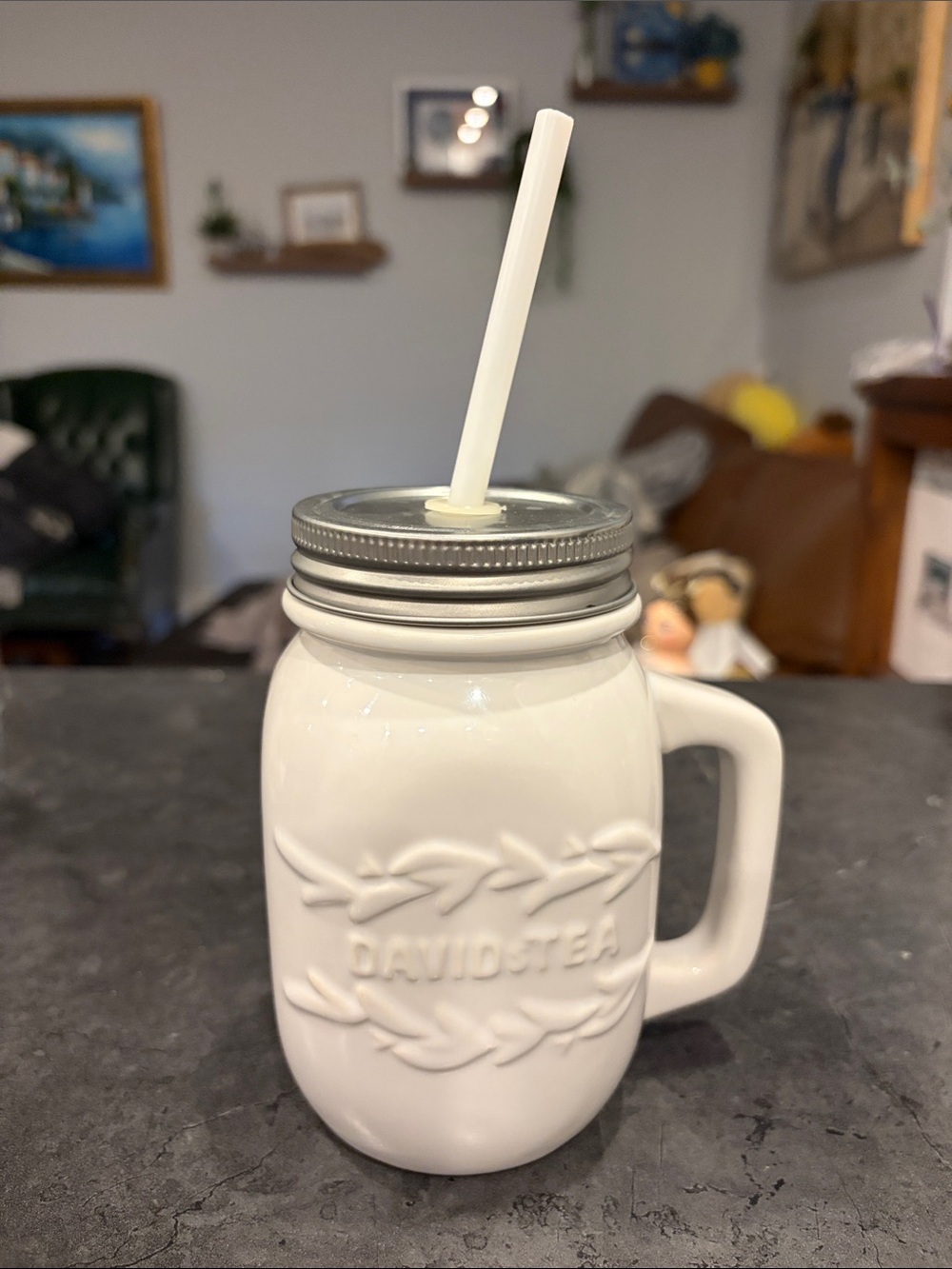 Davidstea White Ceramic Mason Jar Mug with Straw